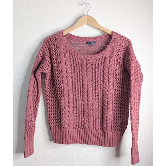 American Eagle Cotton Wool Blend Rosy Red Open Knit Cable Knit Crewneck Sweater - Picture 1 of 9